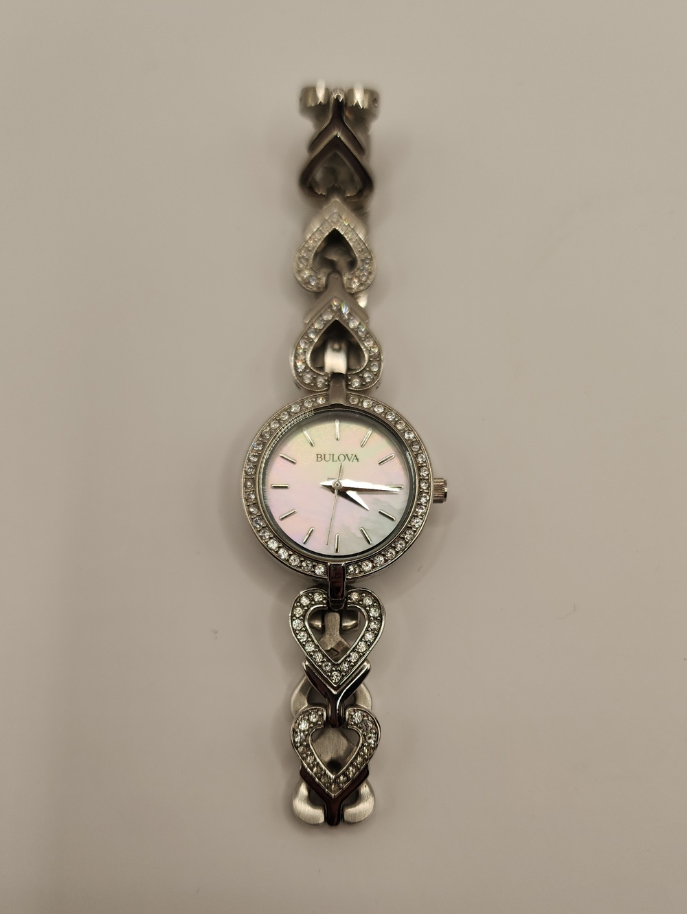 Bulova Silver Heart Link Crystal Women's Watch with Mother-of-Pearl Dial